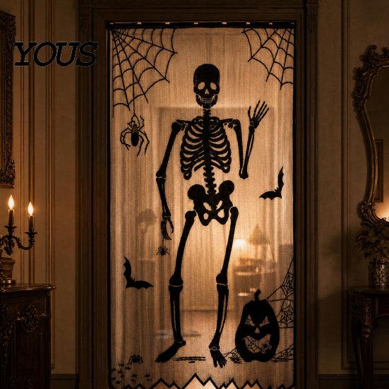 Gotische Halloween Tischdecken Türvorhang, Spitze Spinnennetz Kaminabdeckung, Gruseliges Skelett Hexe Komplette Dekoration Fledermausdruck Fenster Vorhänge für Zuhause