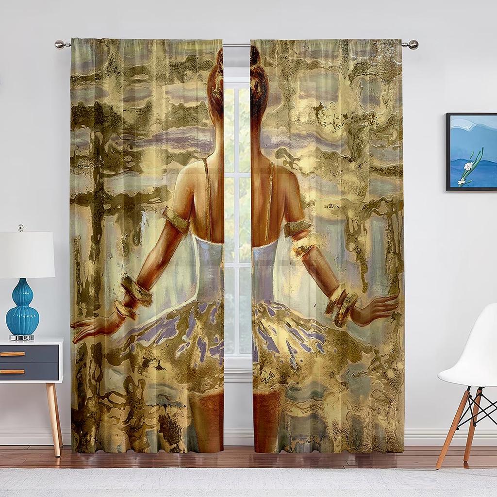 Retro Ballerina Dancing Classic Performance Tulle Curtain for Living Room Decoration Chiffon Sheer Voile Kitchen Bedroom Curtain