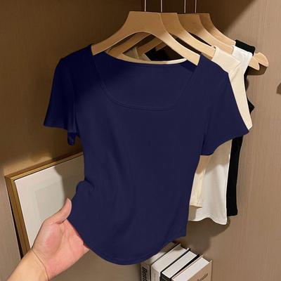 Plus Size Ribbed Short Sleeve Square Neck Slim Fit T-Shirt for Women 2026 Summer