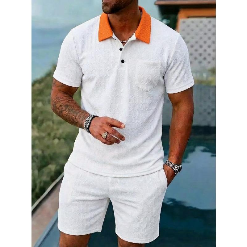 Men Textured Contrast Collar Polo Shirt And Shorts Set L