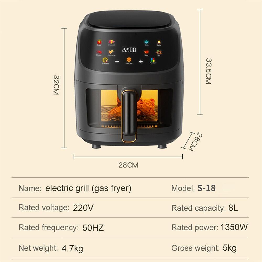 8L 360 ° Large Capacity 1350W Digital Screen Control Visible Window Three-dimensional Circulation Air Fryer
