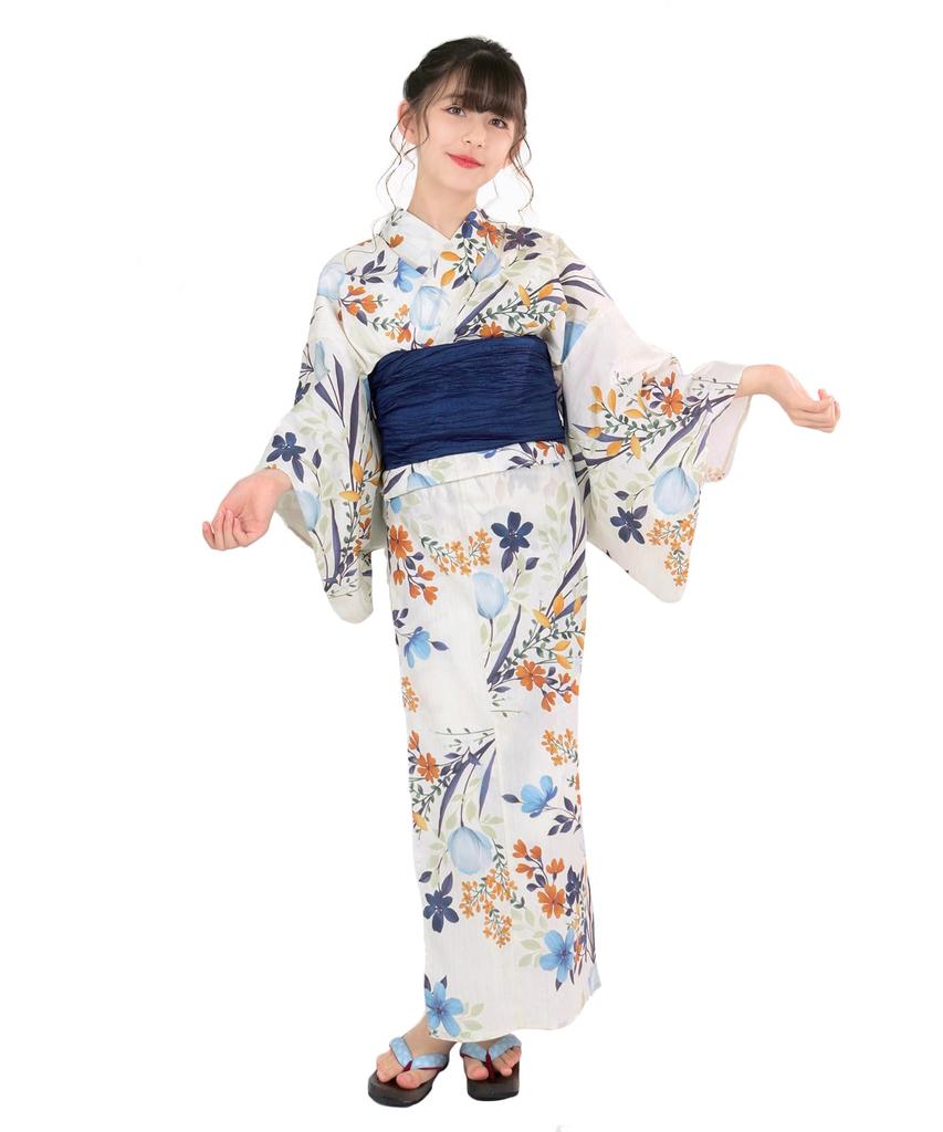 Yukata Set for Change 2 Piece Set Heiko Junior Girls H [KYOETSU] Girls, Ecru, Weave, (Yukata, Obi) (12.Blooming Bouquet, 130cm)