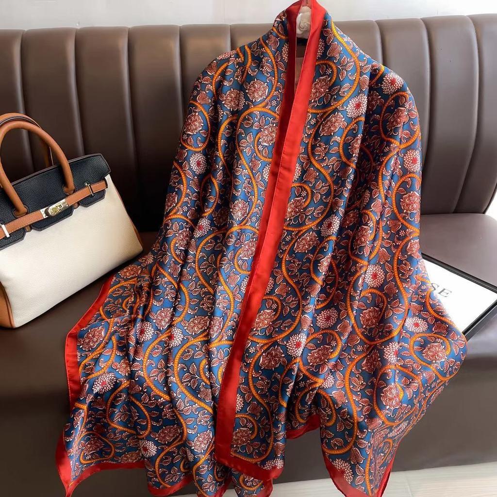 New Imitation Silk Scarf High-end Versatile Printed Scarf Fashionable and Elegant Celebrity Sun Protection Shawl