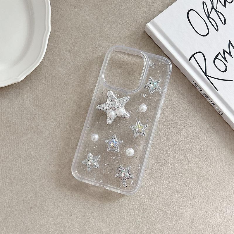 

Sequin Silver Foil Epoxy Mobile Phone Case For Iphone17Promax Pearl Apple 14 Rhinestones 16 Stars Transparent iPhone 7/8/SE 2020