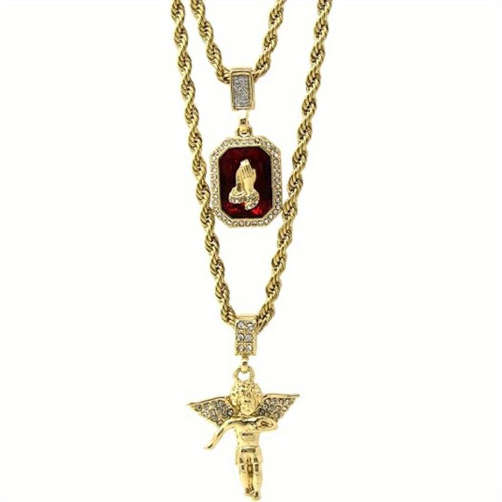 

Mens Gold Angel & Ruby Bundle Set Cz Pendant Hip Hop Rope Chain Men s and women s necklaces Clear&45cm