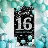 Sweet 16 Party Decorations, Fabric Happy 16th Birthday Banner Backdrop Teal Blue Silver, Sweet Sixteen Birthday Decorations for Girls, Turquoise 16