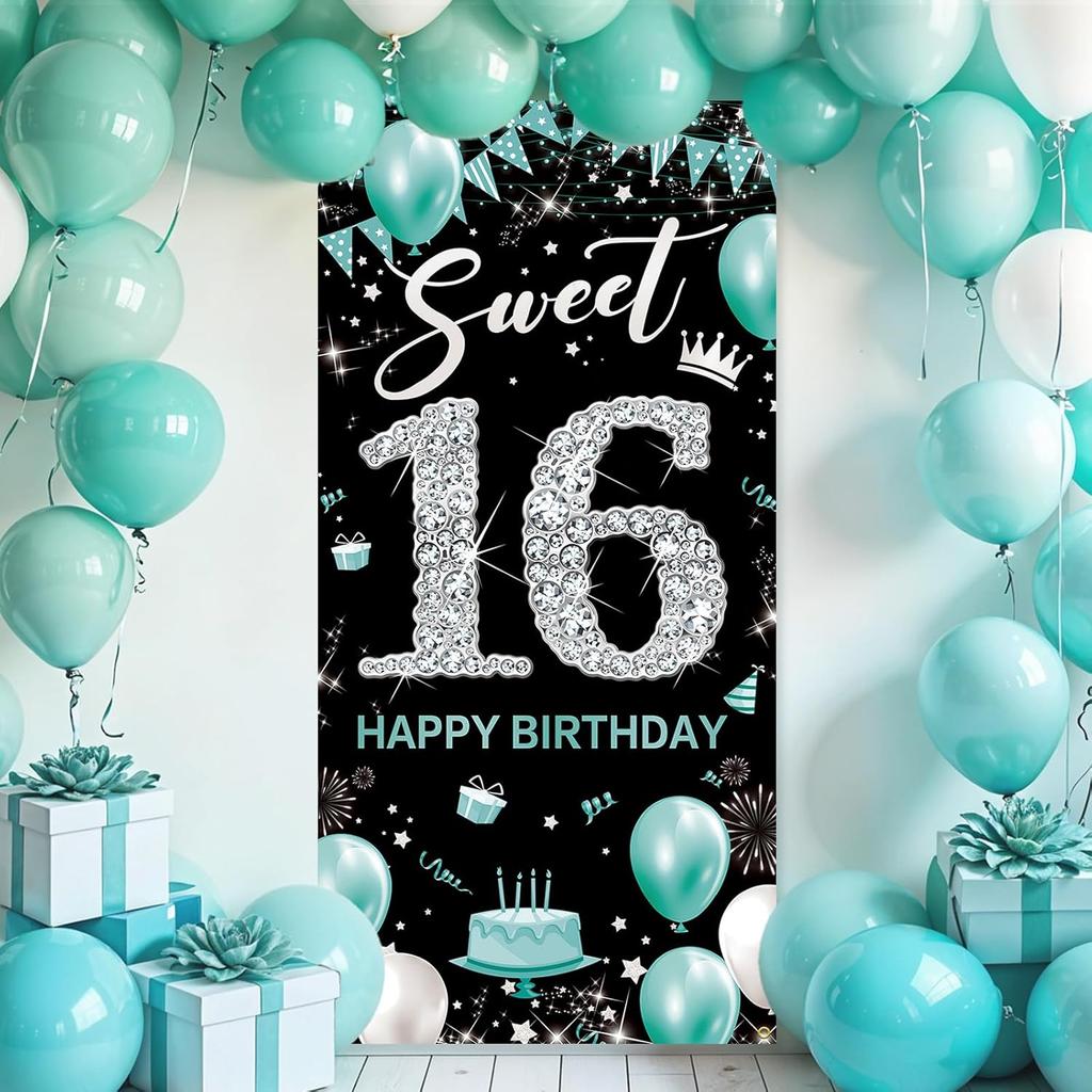 Sweet 16 Party Decorations, Fabric Happy 16th Birthday Banner Backdrop Teal Blue Silver, Sweet Sixteen Birthday Decorations for Girls, Turquoise 16