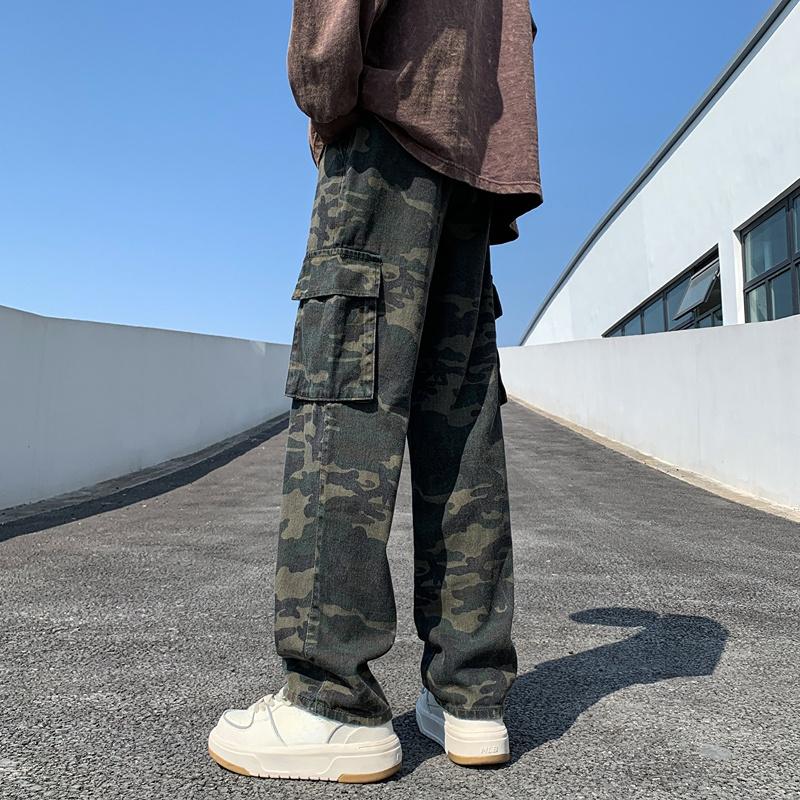 Straight Camouflage Tooling Pants Plus Size Elastic Waist Jeans Spring Autumn Men's Loose Trousers
