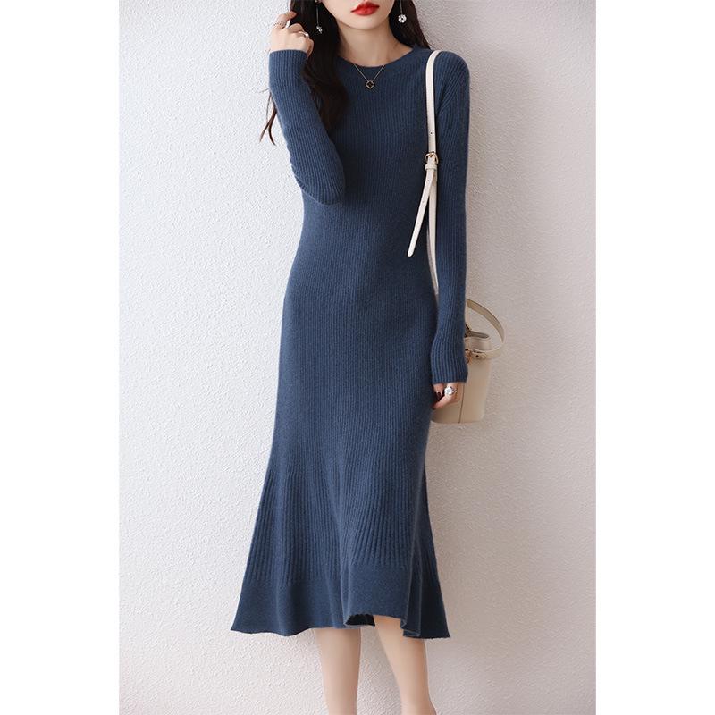 

Женское облегающее шерстяное вязаное платье экстра-длины - юбка «рыбий хвост», до колена, осень/зима. 2XL (135-150 Jin)