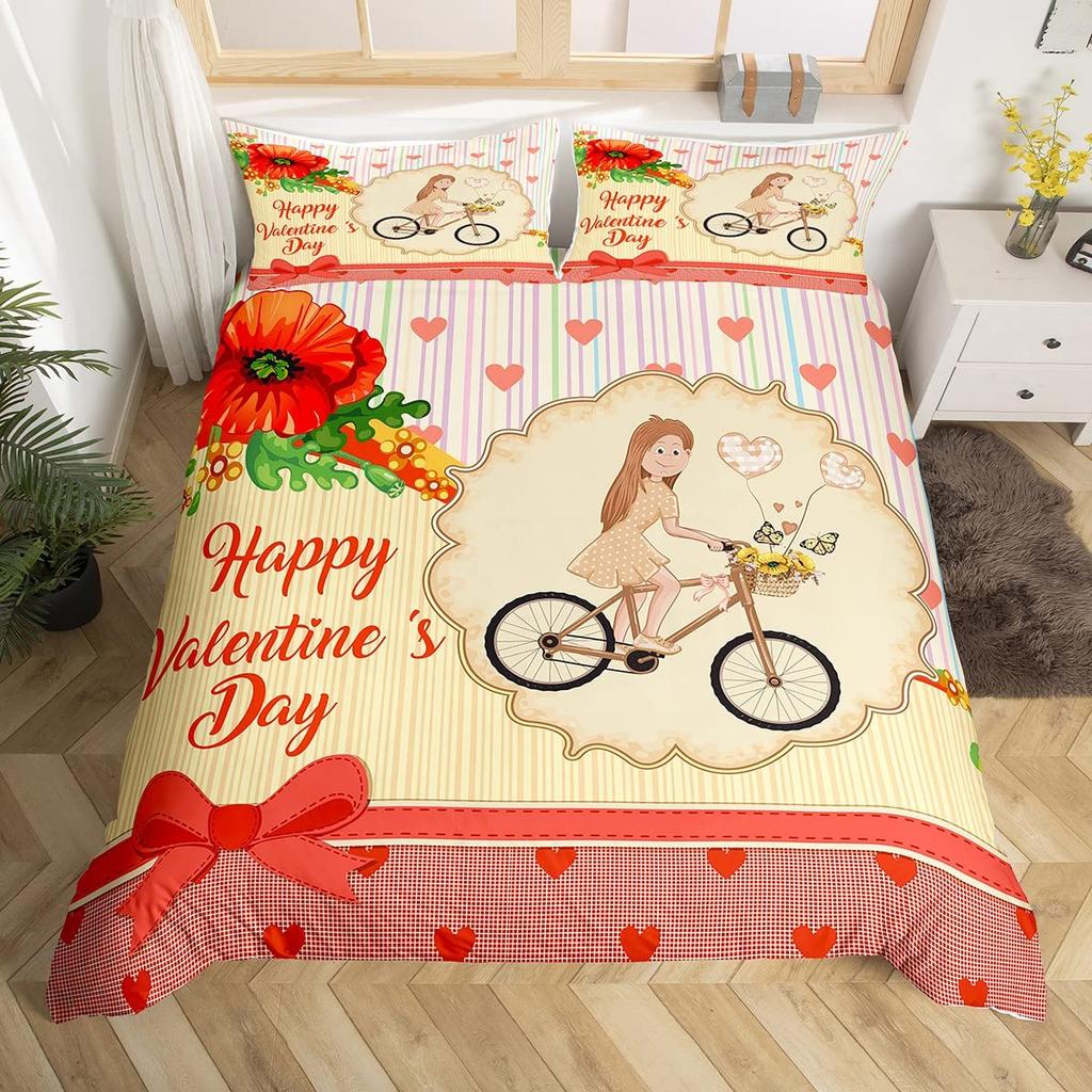 Valentine Day Duvet Cover King Queen Romantic Gnome Polyester Comforter Cover Red Heart Balloon Bedding Set For Lovers Couples