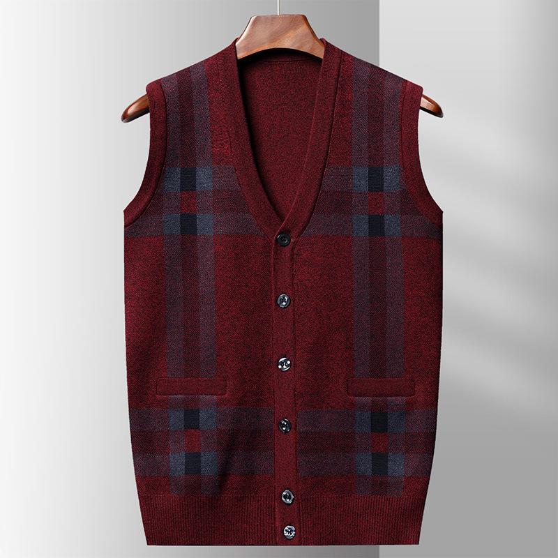 Herbst Winter Herren Pullover Weste Lässig Ärmellos Strickjacken Herren Mode Kariert V-Ausschnitt Cardigans Herren Kleidung Gestrickte Weste