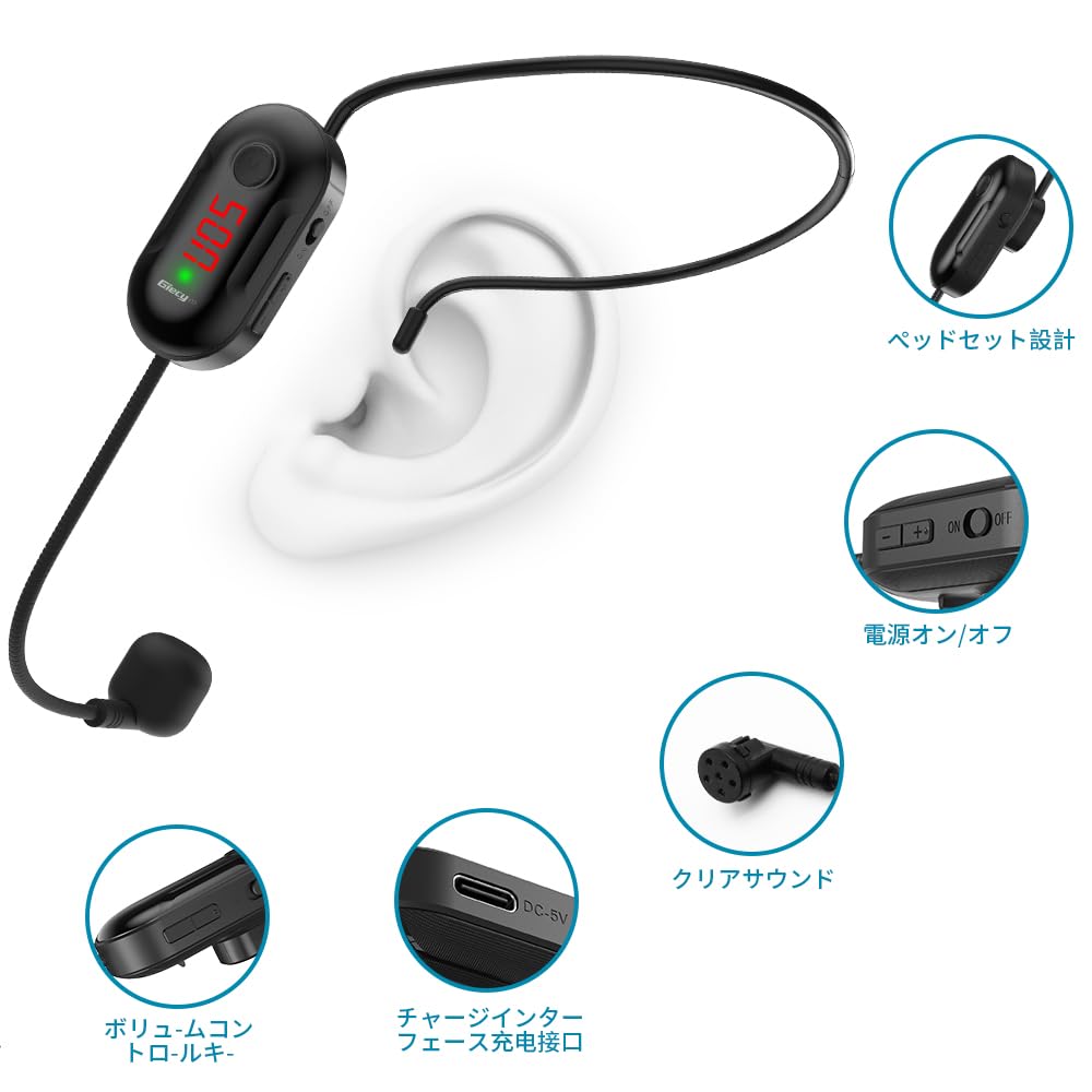 Giecy Wireless Microphone, Portable Stage Speaker, 50m Transmission Range, Auto Pairing, Volume Adjustment, Ear-Hook Type, Japanese Instruction