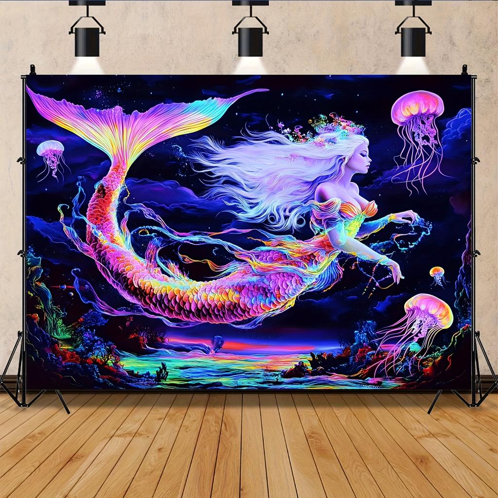 VIKAMA Psychedelic Neon Mermaid Tapestry Black Light Lamp Ocean Print Hanging Cloth Living Room Room Decoration