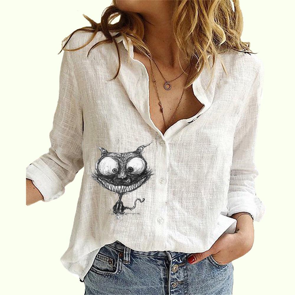 Women Fashion Buttoned Long Sleeve Shirt Ladies Casual Thin Cotton Linen Top Cat Print Long Sleeved Blouse