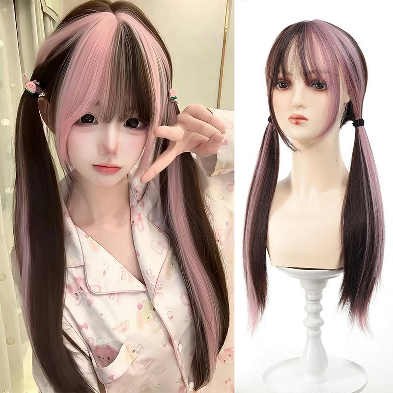 Japanse stijl dubbele staart zwart en roze gemarkeerd volle hoofd pruik One size fits all adults paars/zwart