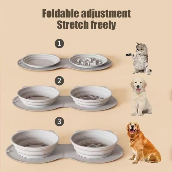 Folding Silicone Pet Bowl Non-slip Anti-Choking Dual Feeding Bowl Small Medium Large Dogs Slow Feeder Portable Dry Wet Food Water Bowl