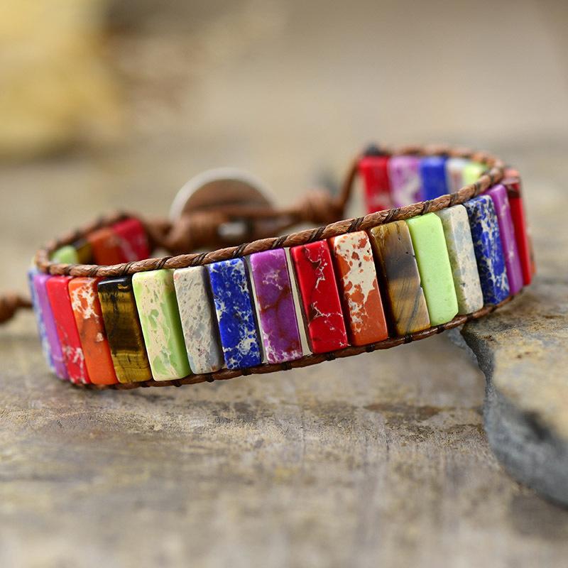 Colorful Emperor Stone Leather Hand-Woven Bracelet, European and American Style Leather Bracelet
