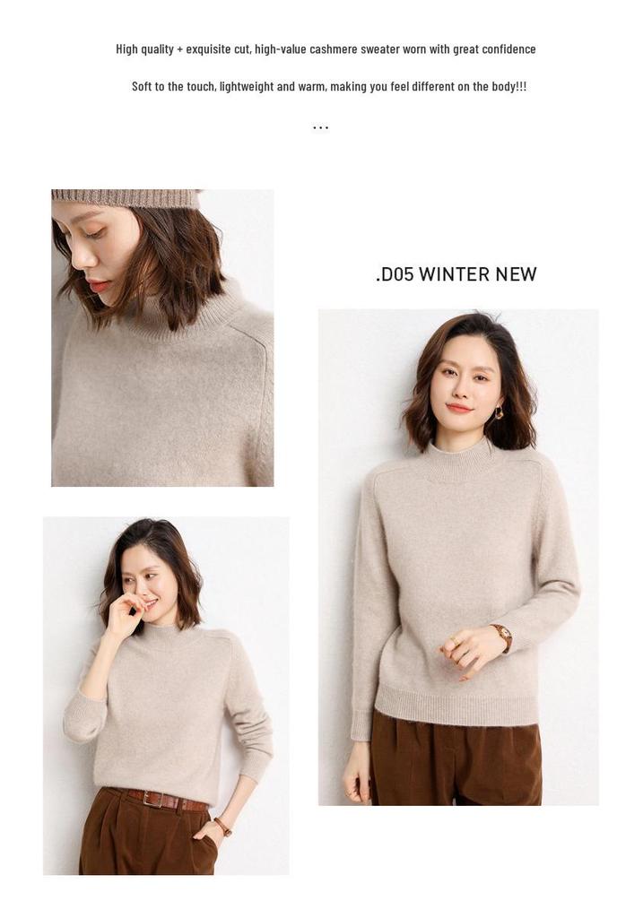 Women's Cashmere Saddle Shoulder Pullover - 2024 Autumn/Winter Thick Knit Half-High Neck Sweater