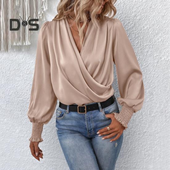 Holiday Casual Chic Shirt Women's Elegant V Neck Lantern Sleeve Soft Stylish Commuter Party Solid Color Top