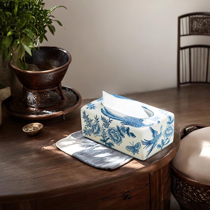 Niebiesko-biała porcelanowa szkatułka na chusteczki Ceramiczny pojemnik na ręczniki papierowe Stolik kawowy Biurko Uchwyt na serwetki Pudełka na chusteczki Vintage Wystrój domu