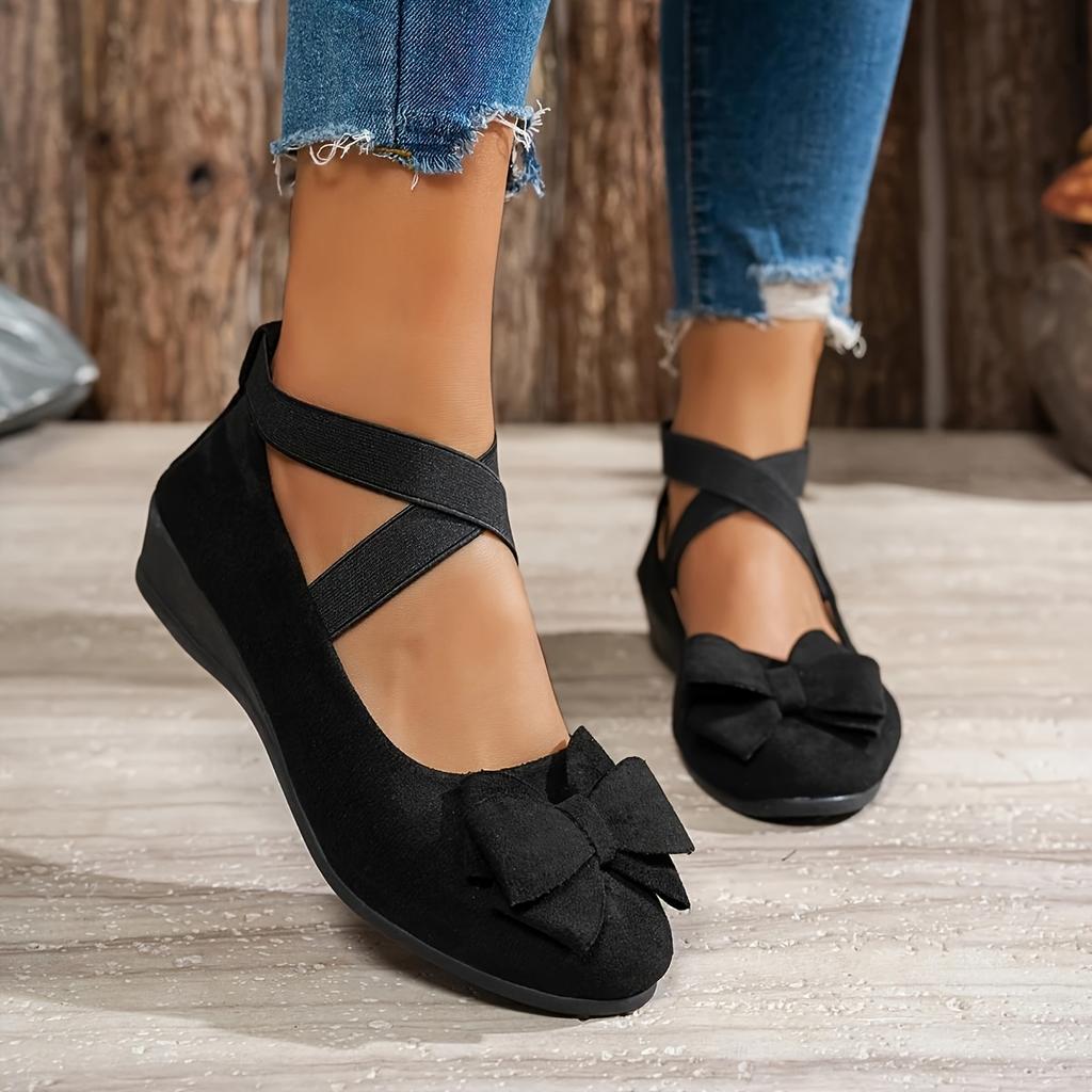 Bow-Crossed Elastic Strap Vintage Fashion Flats 2025 New Pointed-Toe Low-Cut Solid-Color Mary Janes