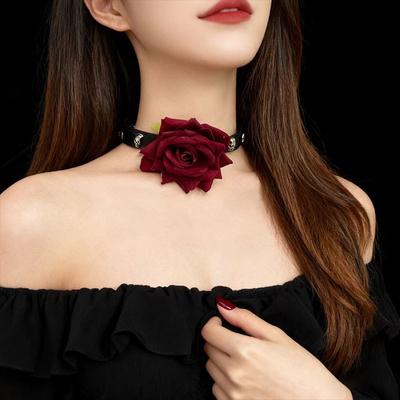 Heavy Industry Red Rose Collar High Sense Choker Cross Necklace Dark Goth Punk Neck Chain Collarbone Chain