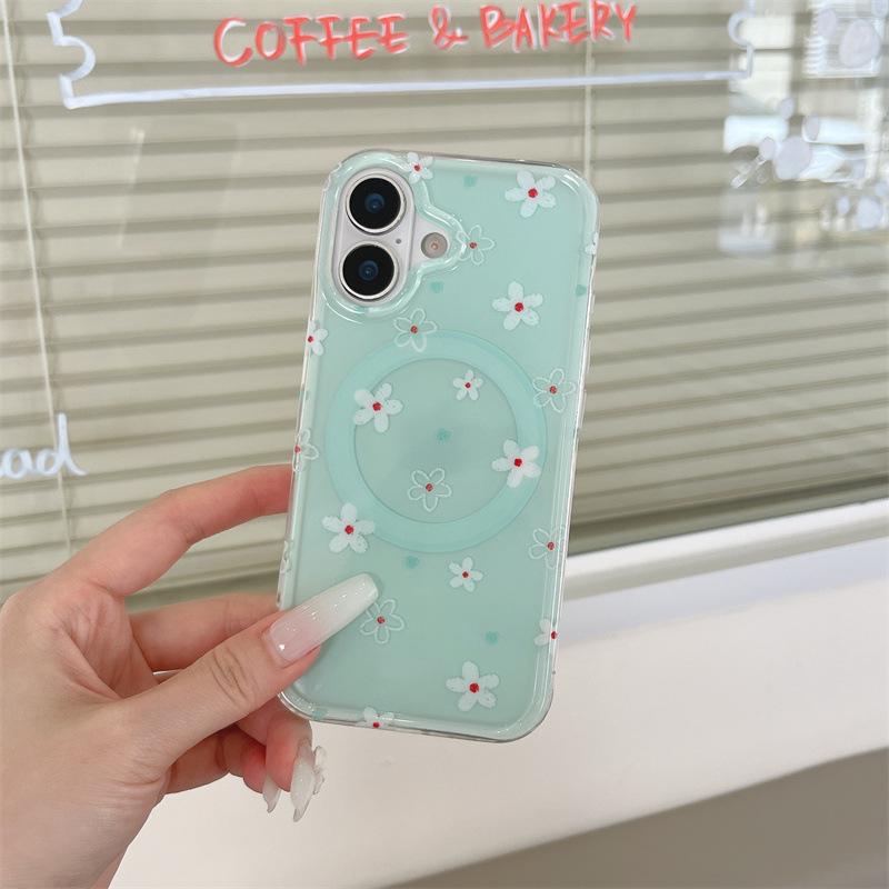 Mint Green & White Floral Magnetic Stand Case for iPhone 17/16 Pro Max/15 Pro