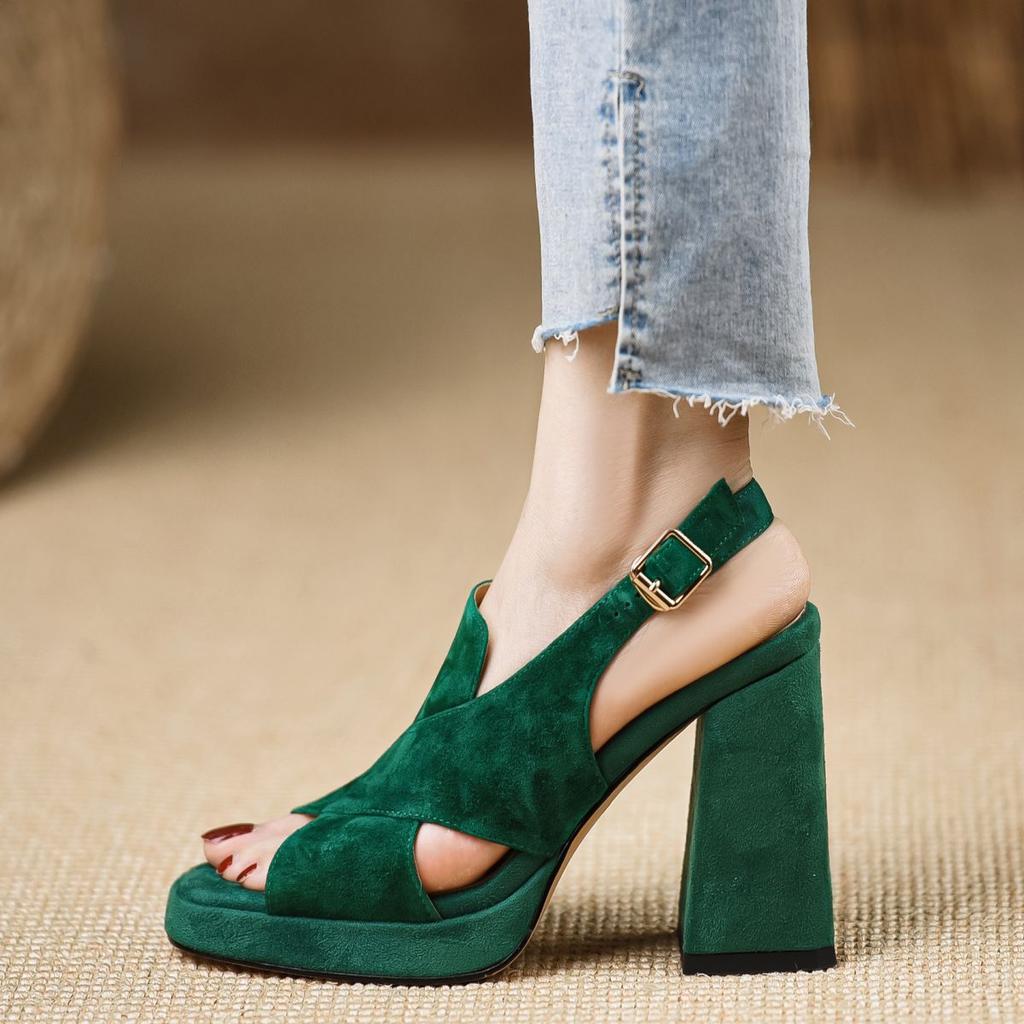 Handmade Women's Shoes Summer 2025 New Waterproof Table High Heel Heightening Matte Leather Sandals Thick Heel Blue Women's Sandals