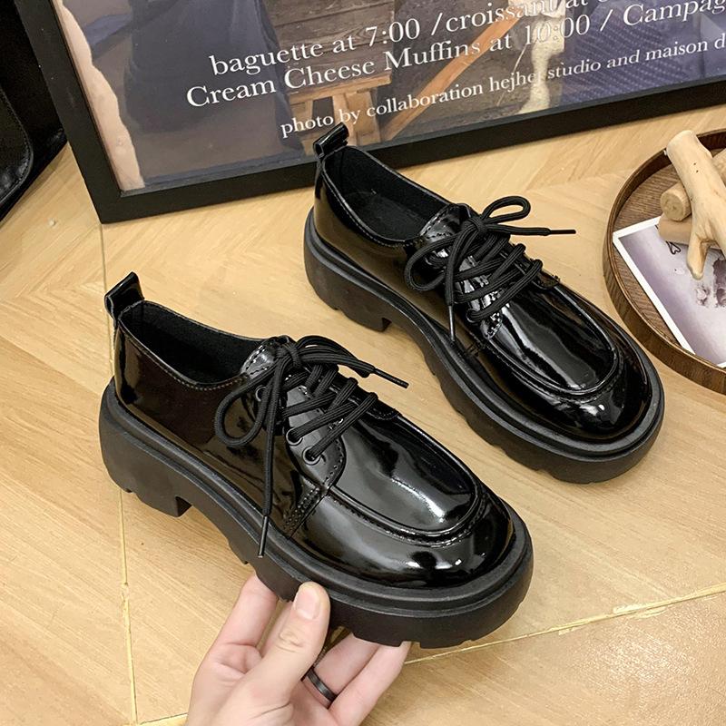 Thick-soled Retro British Style Small Leather Shoes for Women's 2025 Spring New Round Head Tide Matching Skirt Black Lace-up Single Shoes