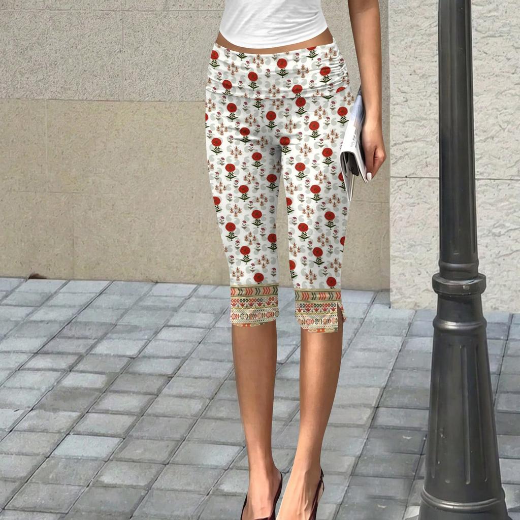 Women's Slim Fit Printed Cropped Pants with Pleated Detail Elastic Waistband and Mid-Calf Length Suitable for Casual Wear and Outdoor Activities