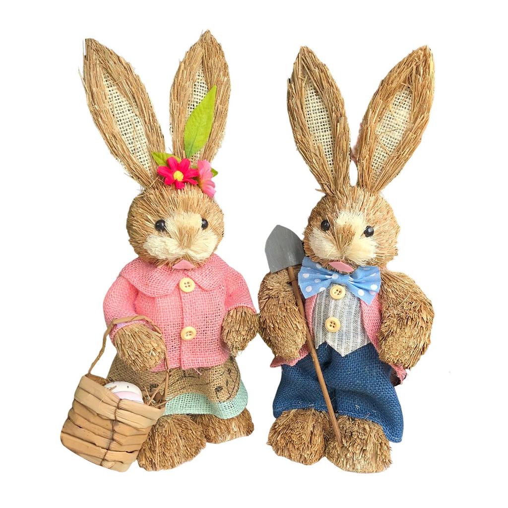 2 Pieces Easter Bunny Rabbit Straw Figures Decoration 35cm Tall Vivid and Lovely Lifelike Holiday Gifts Exquisite Craftsmanship