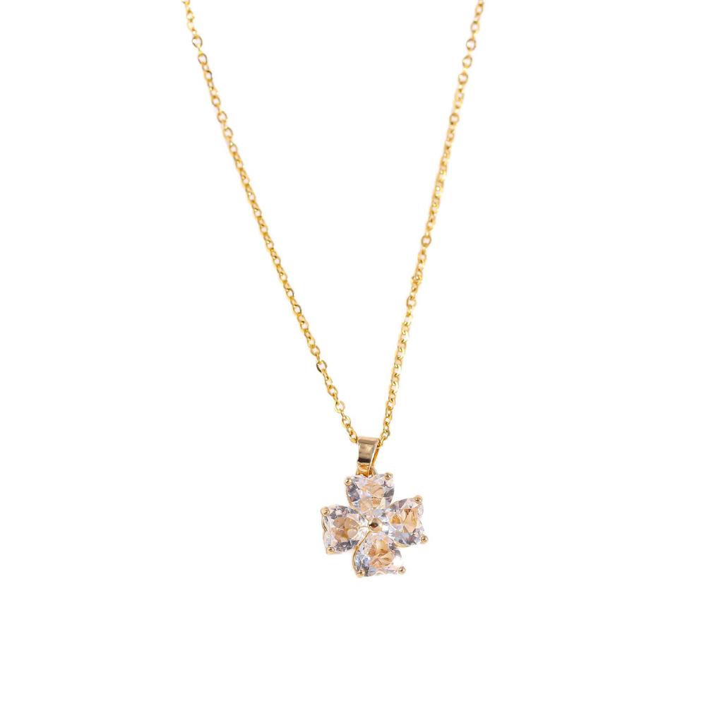 Clover Necklace with Spinning Four-Leaf Design, Diamonds & Colored Zircon, Titanium Steel Chain