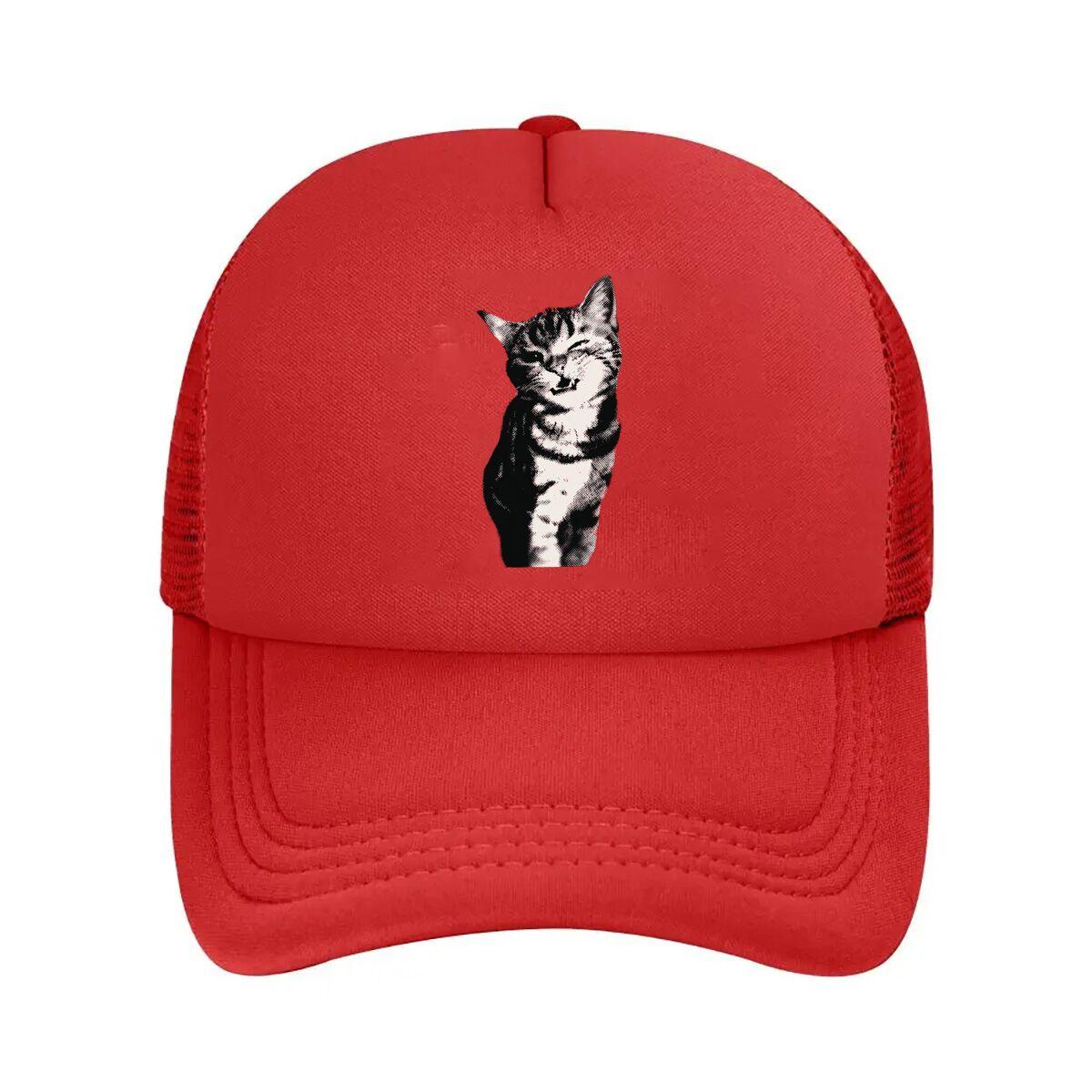 Winking Cat Graphic White Mesh Baseball Cap Hip Hop Adjustable