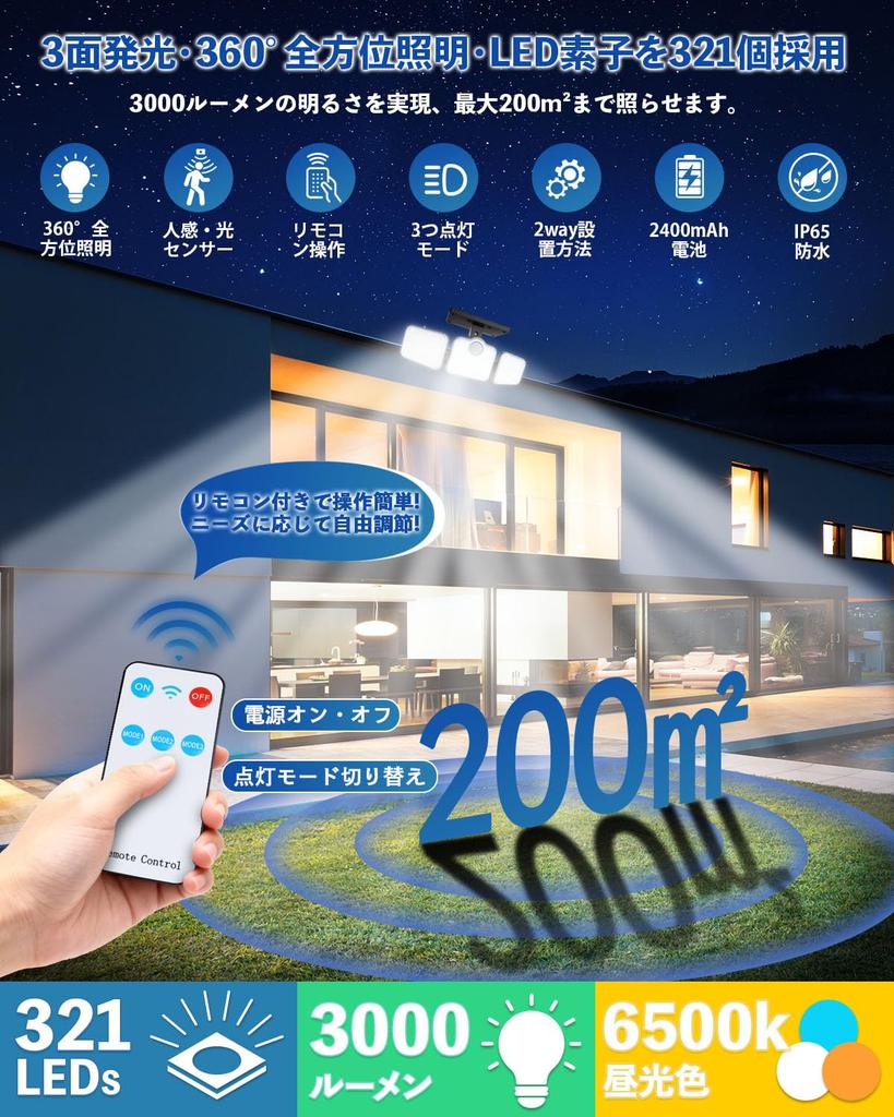 Gleazon Solar Light, Outdoor Sensor Light [Convenient 2-Way Installation: Wall-Mounted or Recessed] Garden Light, Ultra-Bright 321 LEDs, 3000lm,