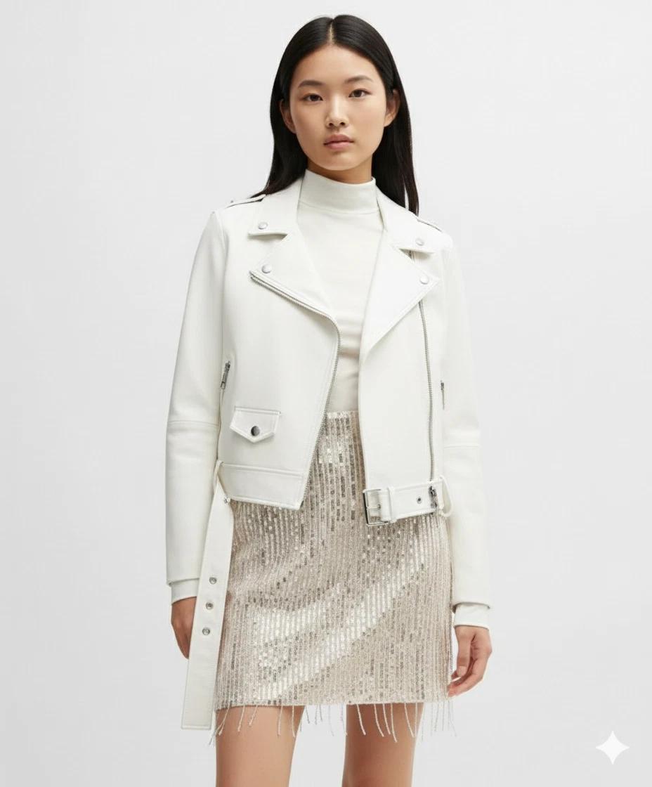 Мотоциклетная кожаная ручной работы белая ягненок натуральная куртка женская стильная повседневная S