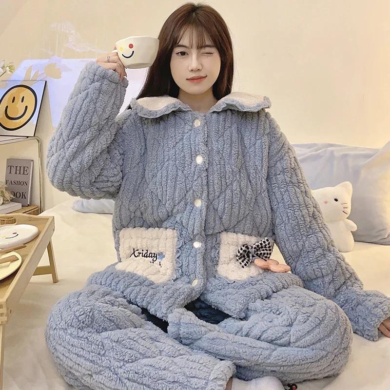 Winter Flannel Warm Nightwear for Young Girl Cardigan Lapel Pajamas Set Coral Fleece Warm Homewear Three-layer Pajamas Set