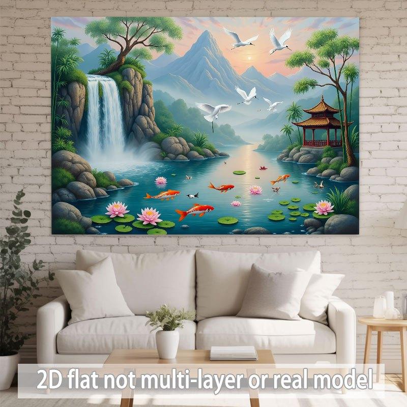 Serene Asian Landscape Tapestry Waterfall Pagoda Koi Fish Lotus Floral Wall Art Print Polyester Hanging Fabric Decor for Living