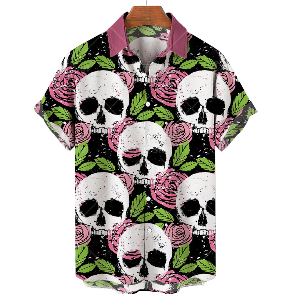 Fashionable Men's Short Sleeve 3D Skull Print Hawaiian Shirt Summer Casual Top Beach