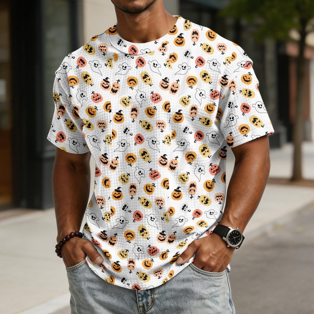 Men Short Sleeve Casual Halloween Print Polo Neck Sports Top Comfortable Lightweight Relaxed Fit Shirt for Daily Wear