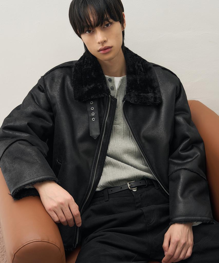 Draw Fit Oversized Suede Line Shearling Jacket [All Black]