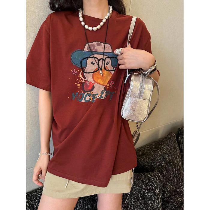 

European beautiful niche chic design top pink graffiti print short-sleeved t-shirt women s 2025 new summer 3XL