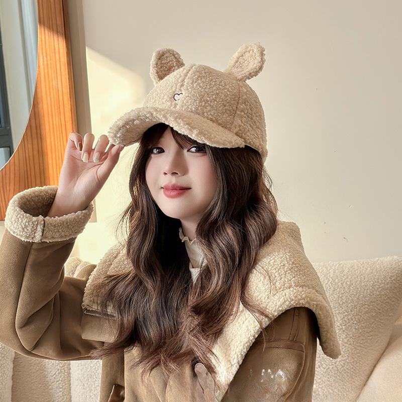 Hat for Women In Autumn and Winter Hairy Thickened Warm Baseball Cap Rabbit Ears Cute Versatile Embroidered Korean Style Baseball Cap