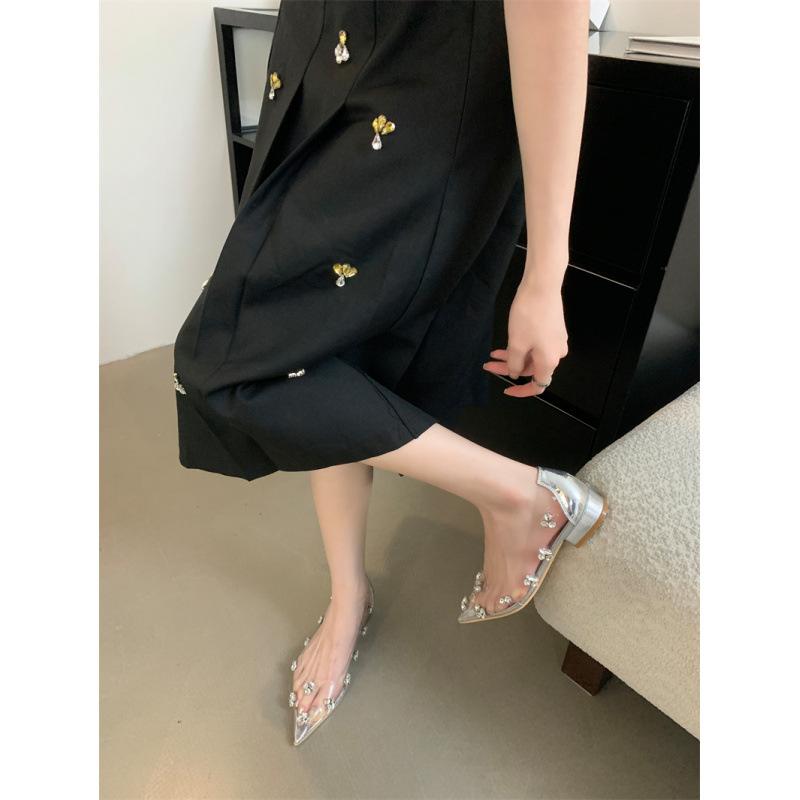 

Прозрачные туфли-балетки со стразами женские весенние универсальные нежные фея толстый каблук туфли подружки невесты с острым носком темпераментные одинарные туфли 39 серебряный