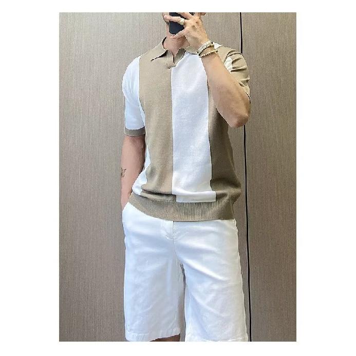 Ice Silk Short Sleeve T-Shirt for Men Korean Style Trendy New Summer Color-Block Personality Tee Slim Fit Knitted Round Neck Short T-Shirt for Men