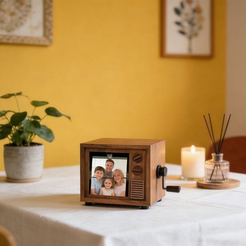 Portable Wooden Hand Cranked Music Box Featuring 16 Photo Rotation and Glowing Light for Wedding Event