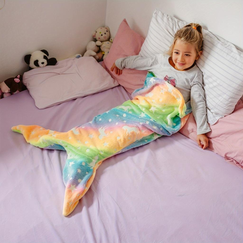 Glow-in-the-Dark Mermaid Starry Night Sleeping Bag - Soft Flannel Rainbow Blanket for Cozy Bedtime Comfort