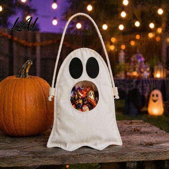 Funny Ghost Design Pouch Halloween Candy Bag for Kids Cute Fabric Treat or Trick Durable Holder Tote with Handle Spooky Snack Goodie Bags