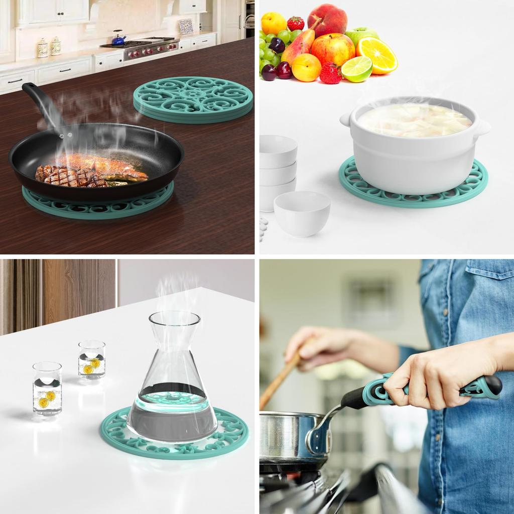 IYYI Silicone Pot Heat Silicone Insulating Trivet Holder, Resistant, 3-Piece Set, Multi-Purpose Mat, Waterproof, Pad, Non-Slip (Black Hollow)