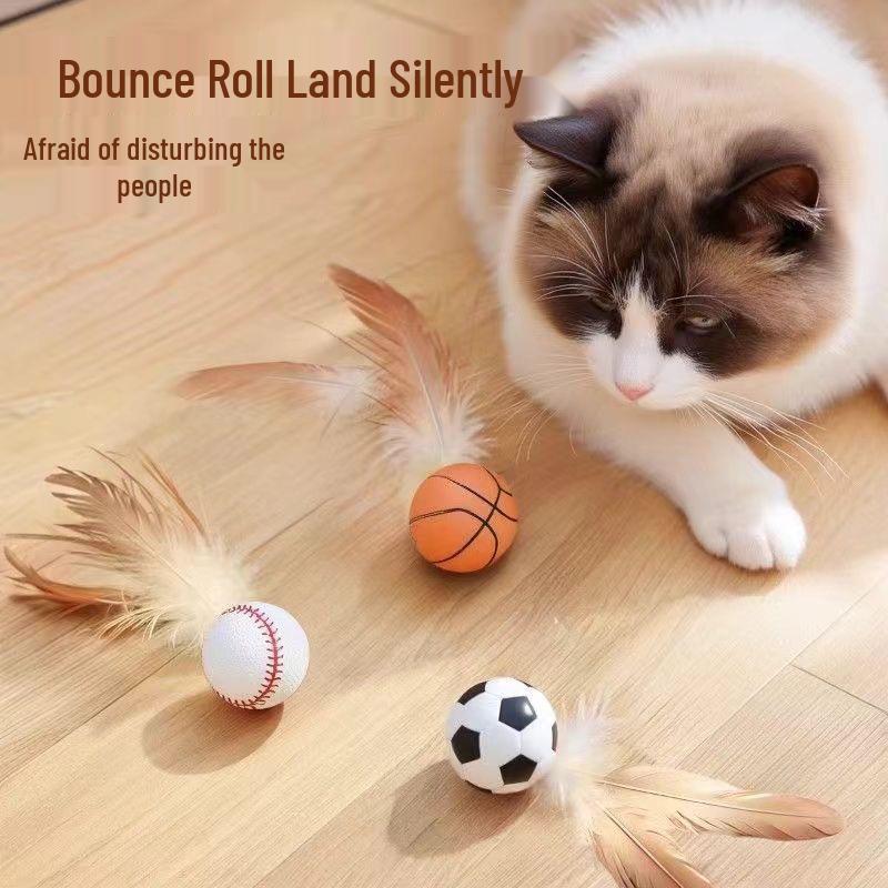 Cat Toy Interactive Bouncy Ball with Feathers - Amuse and Relieve Boredom for Kittens.