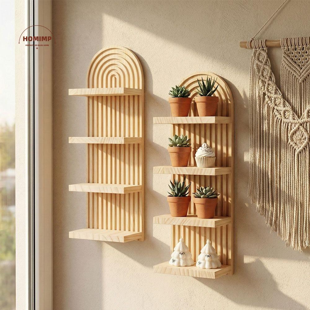 4-Tier Design Wooden Wall Shelves Minimalist Geometric Arched Floating Shelf Decorative Oval Threaded Wall Mounted Shelf